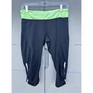 Lululemon Run Pace Crop Pant Sz 8 Running Capris Black/neon Green Pink polka Dot